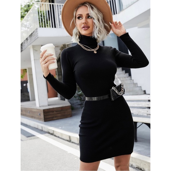 Rocorose Women's Turtleneck Ribbed Elbow Long Sleeve Knit Sweater Dress - Picture 2 of 8